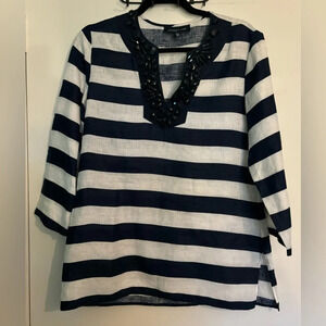 Jones New York Womens Navy White Striped Linen Tunic Beaded Neckline Sz Small